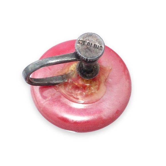 Vintage Sterling Silver Pink Plastic Button Screw Back Earrings Mid-Century - Picture 3 of 4